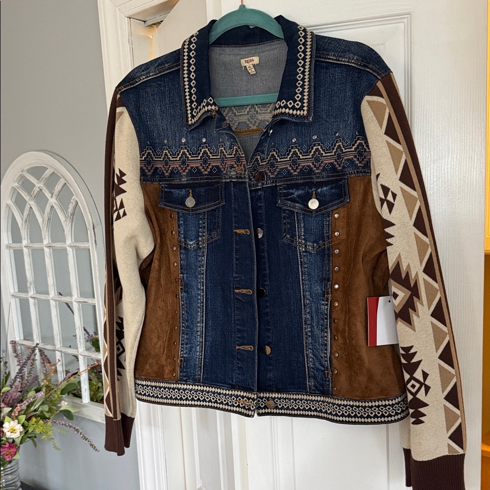 Reba Blue and Brown Jean Jacket with Tribal Patterns